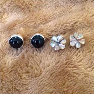 Sterling Silver Stud Bundle - Onyx Cabochon & Mother of Pearl Floral Inlay